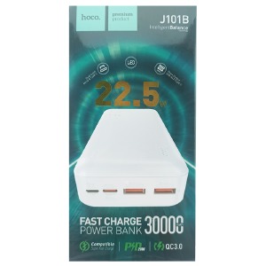 Power bank/Павербанк 30000mA Hoco J101B 2USB QC3.0 22.5W+PD20W (input micro/Type-C 18W) белый - фото