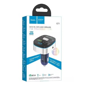 FM модулятор Hoco E71 12-24V/2USB/18W/QC3.0/AUX/BT 5.0/RGB синий - фото