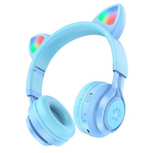 Hands Free большие Bluetooth Hoco W39 LED ушки RGB/BT5.3/AUX/mic/400mAh синие - фото