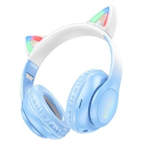 Hands Free большие Bluetooth Hoco W42 LED ушки/BT5.3/TFcard/FM/AUX/mic синие - фото