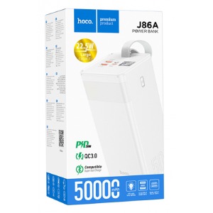 Power bank/Павербанк 50000mA Hoco J86A 2USB/QC3.0/22.5W/PD20W/LED дисплей/фонарик (input micro/Type-C 18W) белый (15) - фото