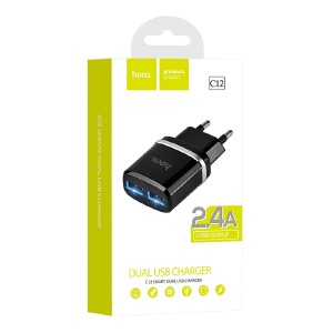 Блочек USB Hoco C12 2.4A 2USB черный (10) - фото