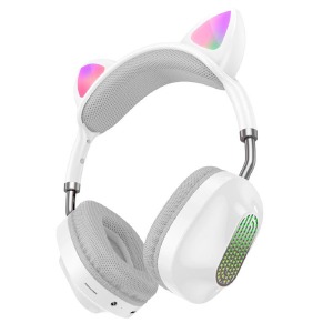 Hands Free большие Bluetooth Hoco ESD13 LED ушки/RGB/BT5.3/TFcard/FM/AUX/mic/400mAh белые - фото