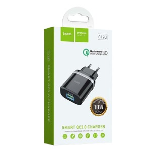 Блочек USB Hoco C12Q 3.0A 1USB QC3.0 черный (10) - фото