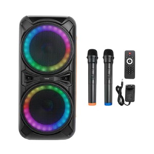 Колонка чемодан Hoco DS42 Plus 2 безпроводных микрофона/30W/RGB/BTv5.1/USB/microSD/AUX/MIC/TWS/пульт/3600mAh черная 67х31х32,2 см - фото