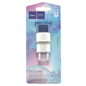 Блочек USB Hoco C131A 1USB/PD30W/QC3.0/3A бело-синий - фото