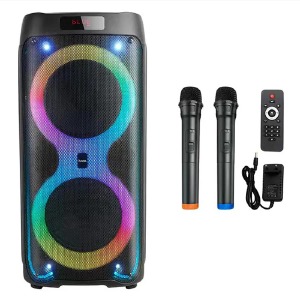 Колонка чемодан Hoco DS41 Plus 2 безпроводных микрофона/40W/RGB/BT5.0/USB/microSD/AUX/MIC/TWS/пульт/4400mAh черная 60х29х28 см - фото