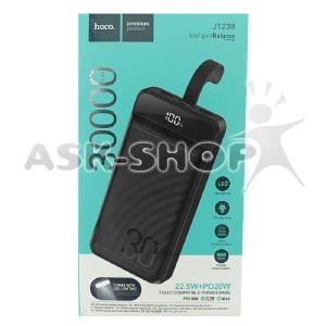 Power bank/Павербанк 30000mA Hoco J123B 3A/3USB/QC3.0/22.5W/PD20W/LED дисплей/фонарик (input Lightning/micro/Type-C 18W) черный - фото