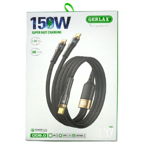 Кабель 2в1 Type-C to (Lightning+Type-C) Gerlax L37 15A/150W/OD5.0 тканевой черный 1,5м - фото