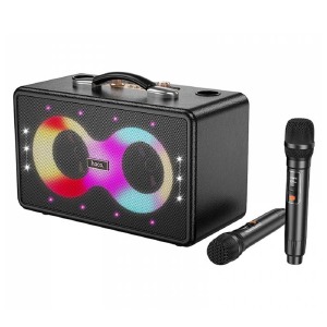 Колонка чемодан Hoco HA8 2 безпроводных микрофона/RGB/40W/BTv5.4/TWS/FM/TF/USB/AUX/3000mAh черная 40х19х26,5 см - фото