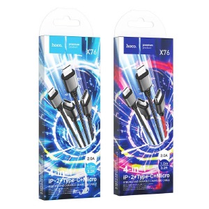 Кабель 4в1 (microUSB+Lightning+2xType-C) Hoco X76 2A тканевой черный 1м (31) - фото