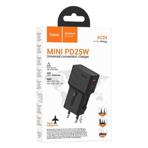 Блочек USB Hoco AC24 универсальная вилка EU/UK/US/3.0A/1USB/PD25W/QC3.0 черный - фото