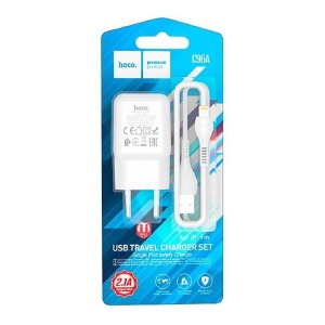 СЗУ iPhone Lightning Hoco C96A 2.1A/1USB/блистер белый 1м (27)  - фото