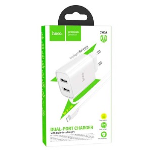 СЗУ iPhone Lightning Hoco C103A 2.1A/2USB/впаянный провод белый 1м - фото