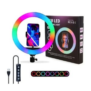 Кольцевая LED-селфи лампа RGB 30см MJ30 держатель для телефона/без подставки/пульт на проводе/USB - фото