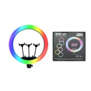 Кольцевая LED-селфи лампа RGB 56см MJ56 3 держателя для телефона/без подставки/пульт/от сети/DC12V - фото