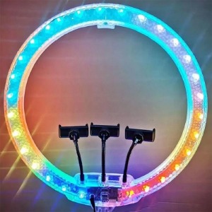 Кольцевая LED-селфи лампа RGB 3D-56см 3 держателя для телефона/без подставки/пульт/от сети/DC12V - фото