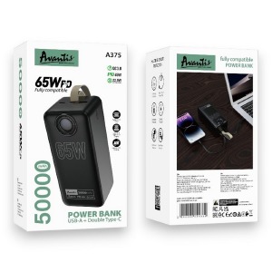 Power bank/Павербанк 50000mA Avantis A375 1USB/22.5W/PD22.5W/PD65W(для зарядки ноутбука, если зарядное не больше 65W) (input Type-C 60W) черный - фото