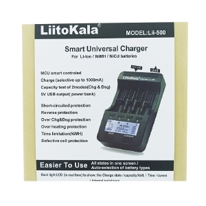 Зарядное для аккумуляторов LiitoKala Lii-500 4х/универсальное/Li-ion/NiMH/NiCD/LCD диплей/тест емкости/1USB/PowerBank Function/16,2х9,6х3,6см/черное - фото