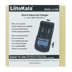 Зарядное для аккумуляторов LiitoKala Lii-300 2х/универсальное/Li-ion/NiMH/LCD дисплей/1USB/PowerBankFunction/14,0x6,8x3,1см/черное - фото