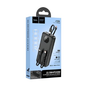 Power bank/Павербанк 20000mA Hoco J132A 3A/1USB/QC3.0/22.5W/PD20W/кабель PD22.5W/кабель IP2.4A/кабелель PD-PD/LED дисплей (input PD18W) черный - фото